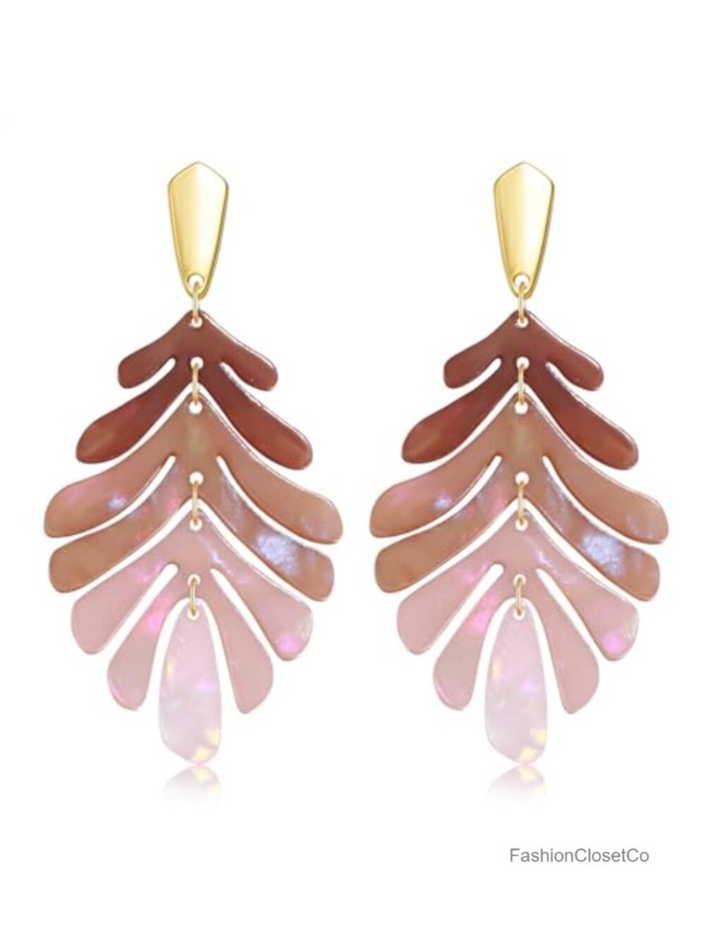 Acrylic Leaf Charm Pendant Necklace & Monstera Earrings Gold Plated Statement